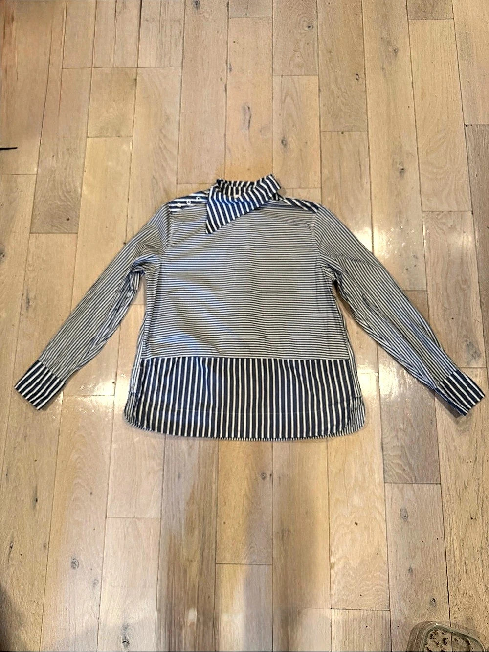 GANNI Cotton Poplin Asymmetrical Collar Shirt Striped Blouse Blue & White Small